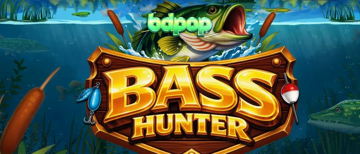 A serene Nordic lake scene featuring the Bass Hunter slot interface with floating reels and vibrant aquatic symbols.